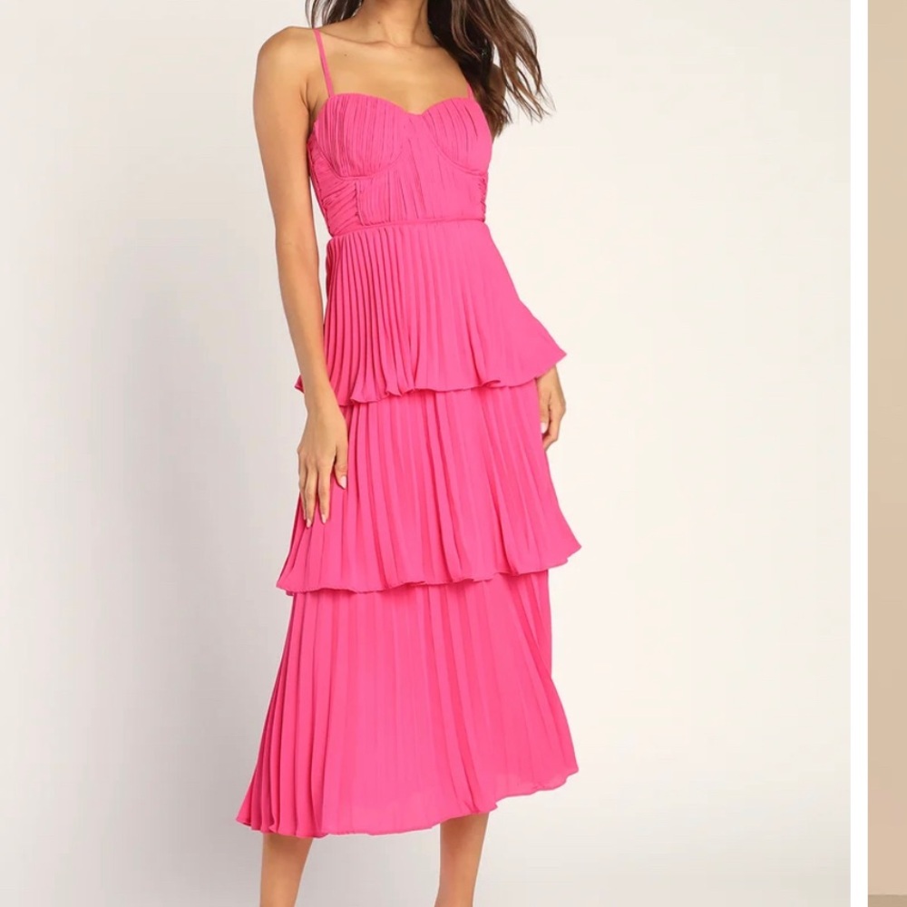 Lulu’s Cascading Crush Hot Pink Tiered Bustier Midi Dress